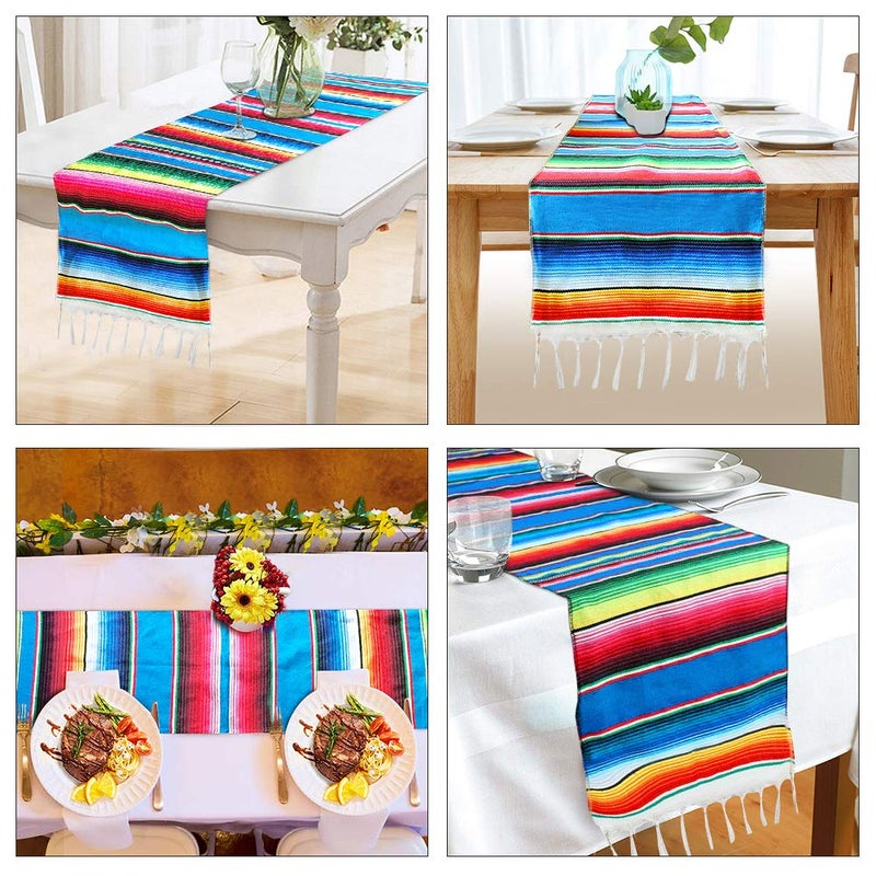 Fowecelt Mexican Serape Table Runner 14 x 84 Inch Hand-Woven Blanket Colorful Striped Mexican Fringe Cotton Fiesta Table Runner for Outdoor Picnics Dining Party Wedding Decorations - Image 5